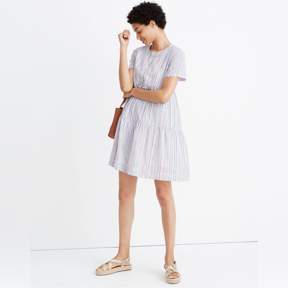 Madewell Striped Crewneck Button-Front Tiered Mini Dress
